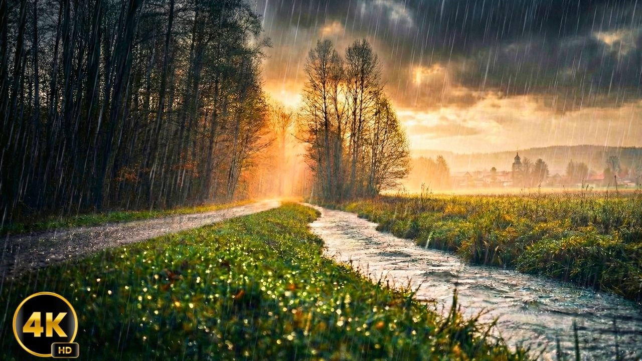 Heavy Rain & Thunderstorm Walk Near a Quiet Village 🌧️⚡ | 4K Cinematic Rain Ambience  #HeavyRain