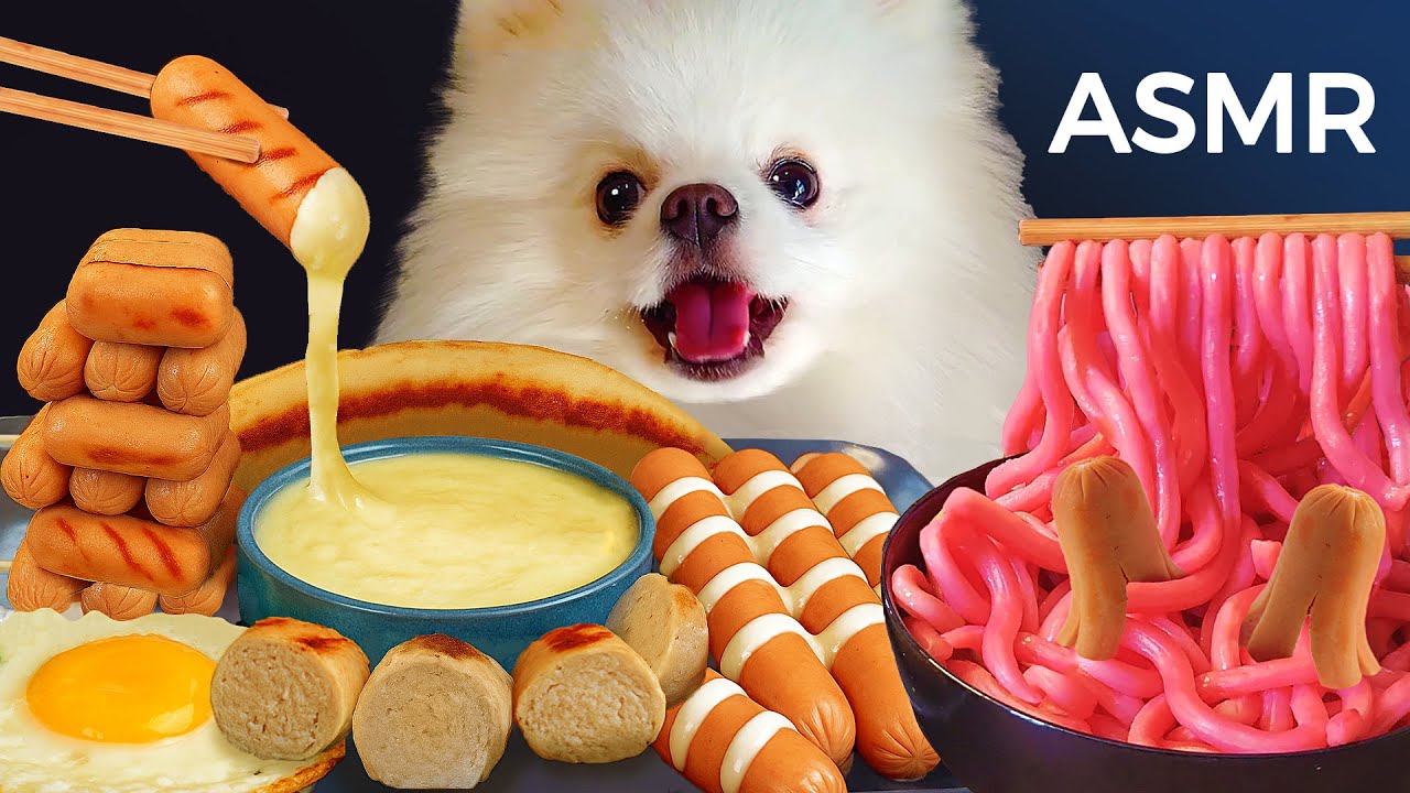 ASMR Mukbang | Yue the Pomeranian Eating Sausages, Noodles & Egg
