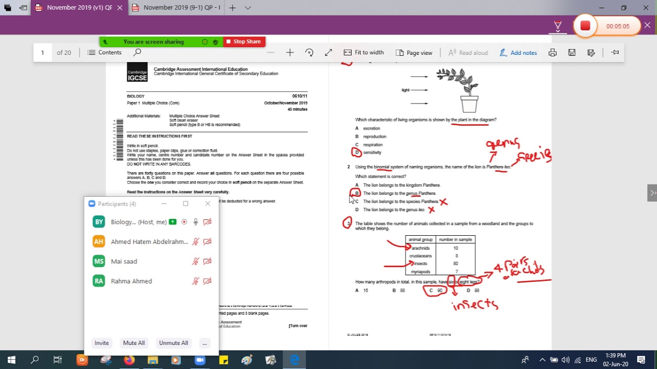 solving past papers P1 2019 Biology IGCSE -0610/V1 (from question 1 to 10)
