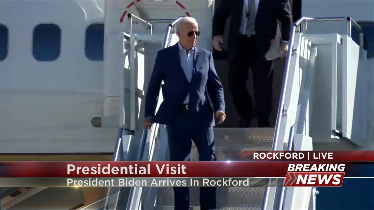 President Joe Biden lands at the Chicago-Rockford International Airport