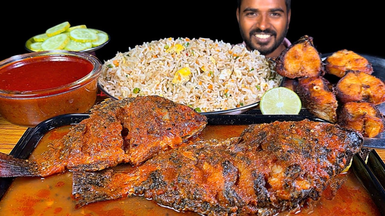 Tilapia whole Fish Curry with Egg Fried Rice, Rohu Fish Fry & Spicy Gravy Eating Challenge 