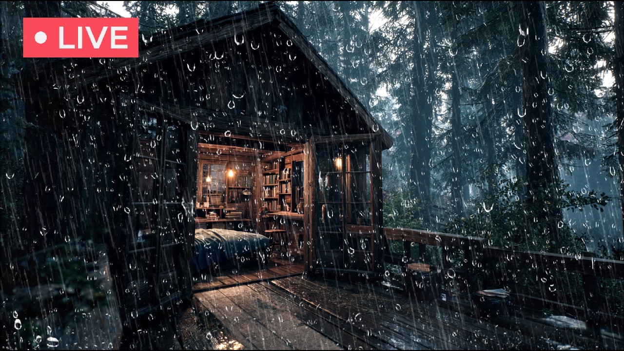 🔴LIVE | Cozy Forest Cabin in Heavy Rain | Relaxing Rain Sounds for Deep Sleep & Study