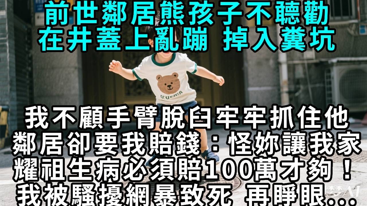 前世鄰居熊孩子不聼勸，在井蓋上亂蹦掉入糞坑。我不顧手臂脫臼 ，牢牢抓住他。鄰居卻要我賠錢：怪妳讓我家耀祖生病 ，必須賠100萬才能夠！我被騷擾網暴致死， 再睜眼...