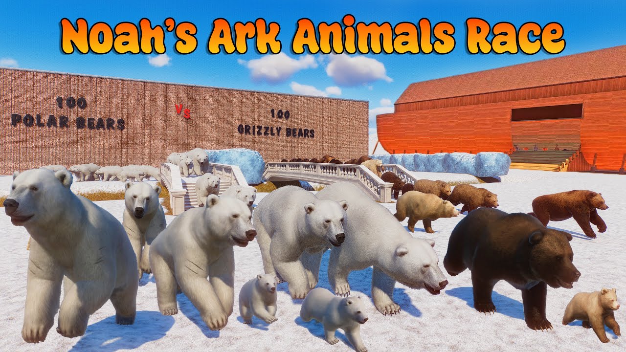 100 Polar Bears VS 100 Grizzly Bears Animals Race in Antarctic Track Planet Zoo Included Baby Bears