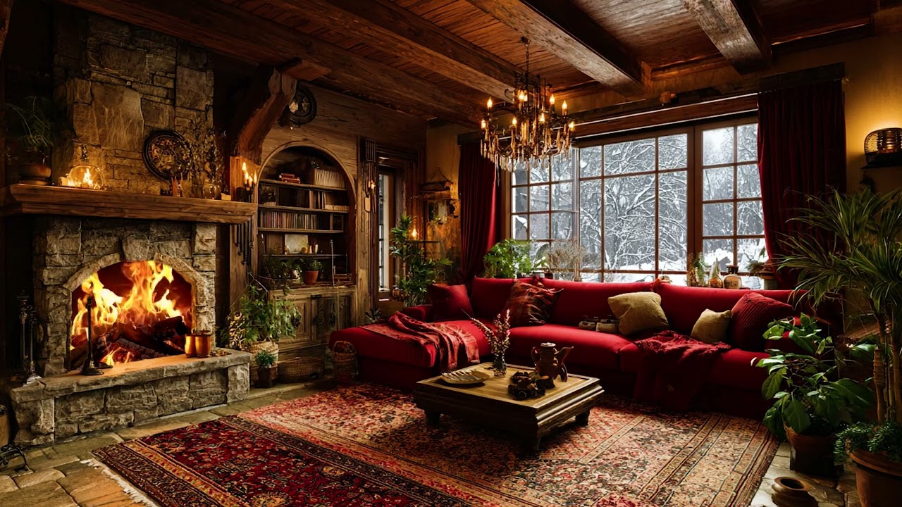 Soul-Warming Winter Room Sounds with Snow Wind Outside and Soft Fireplace Crackling Inside