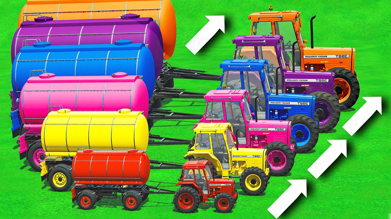 Mini to BIG EPIC Tractors and WATER TANKERS VS HARD MUDDY PARKOUR with TESLA TRUCKS - FS22