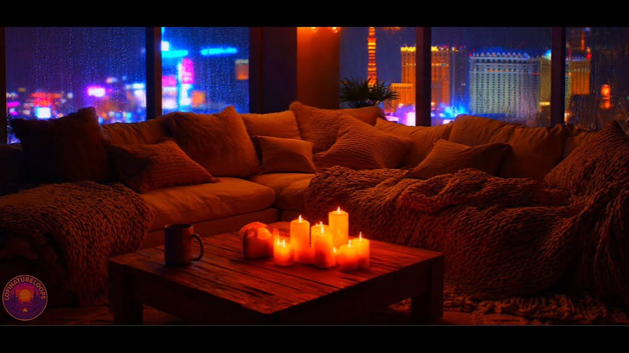 Cozy Rainy Night Apartment 🌧️🕯️ City Skyline Ambience, Deep Nature Sounds for Sleep, Study & Relax