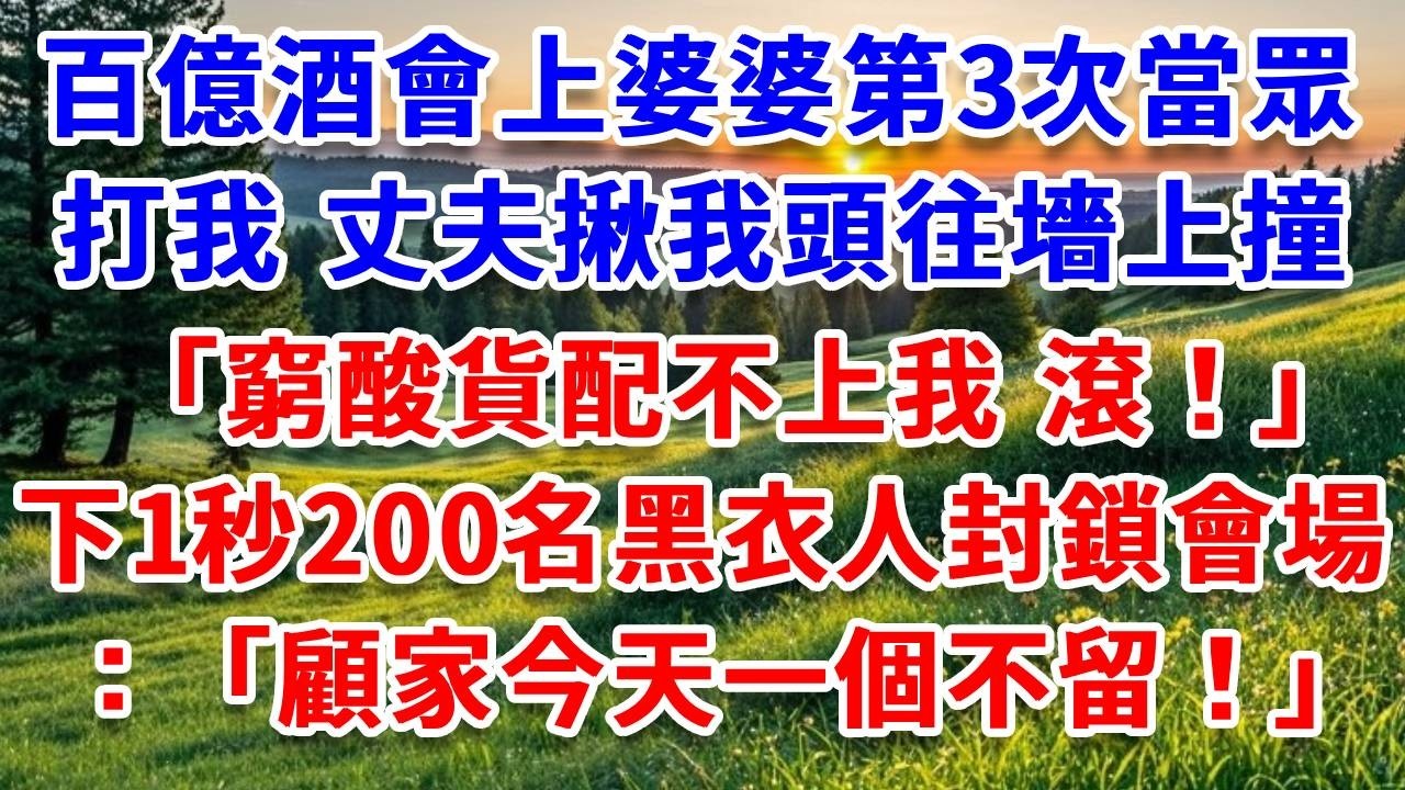 百億酒會上婆婆第3次當眾打我，丈夫揪我頭發往墻上撞：窮酸貨配不上我 滾！下一秒200名黑衣人封鎖會場：顧家今天一個不留！#詩涵講故事#為人處世#生活經驗#情感故事#晚年哲理#說故事#完結文#原創故事