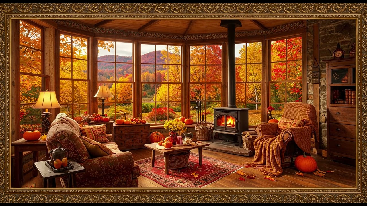 Frame TV Art - Frame Art TV with Music: Cozy Sunroom Ambience with Autumn View & Wood Stove