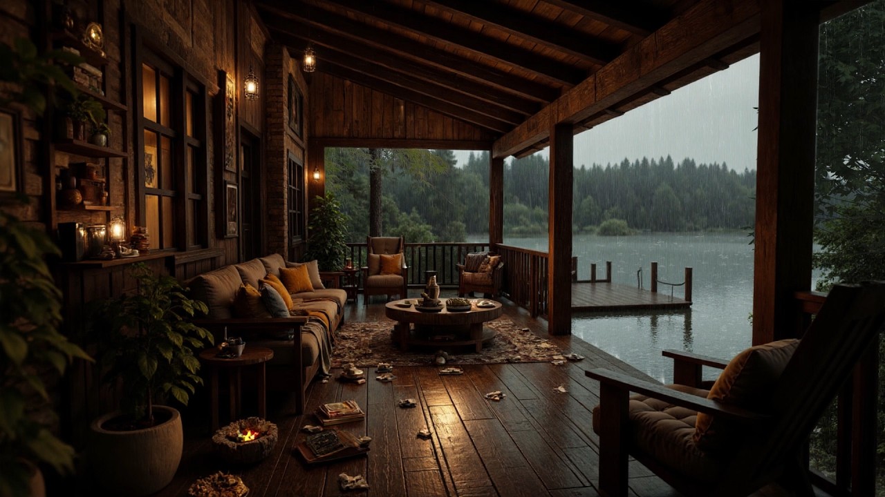 Calming Drizzle on a Lakeside Porch 🌧 Cozy Fire Sounds for Deep Sleep Relax Healing Study Night