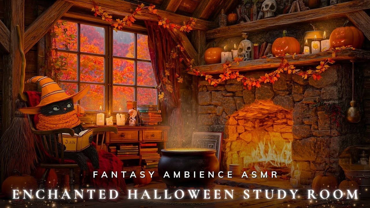 Enchanted Halloween Study Room ✨ Fireplace Crackles & Soft ASMR for Sleep, Focus & Calm