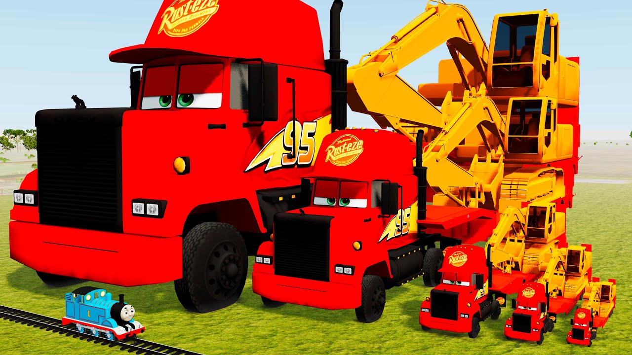 Big & Small Long Mack Truck with Excavator Lightning Mcqueen vs Train Thomas - BeamNG.Drive