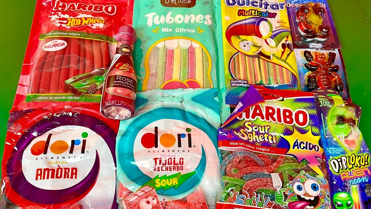 Caranguejo, Formiga, Espagueti e Champanhe. Balas Tipo Fini, Haribo, Dori Experimentando