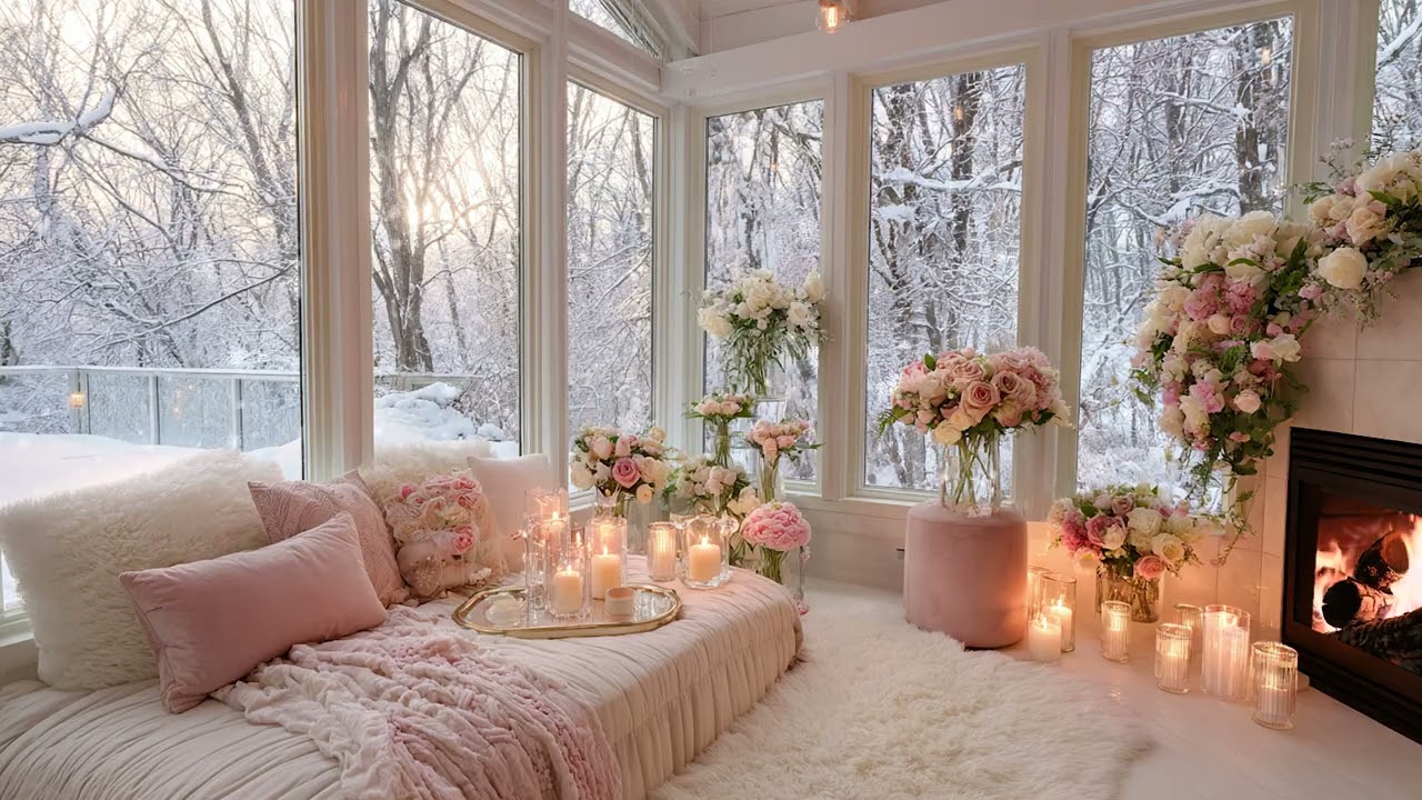 Snow Wind Outside Beneath a Dark Sky | Warm Fireplace Sounds for Sleep and Comfort