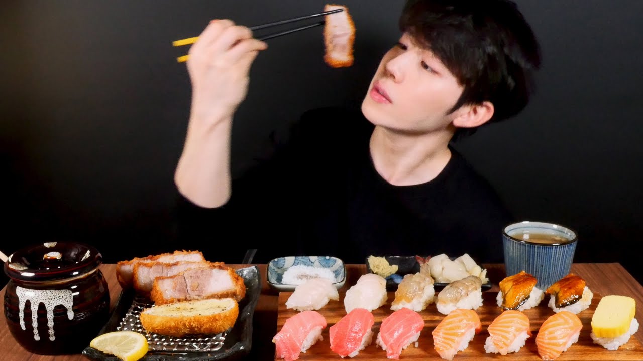 СВИНАЯ КОТЛЕТА, СЫР СО СВИНИНОЙ, СУШИ MUKBANG REAL SOUND ASMR EATING SHOW AJEOC
