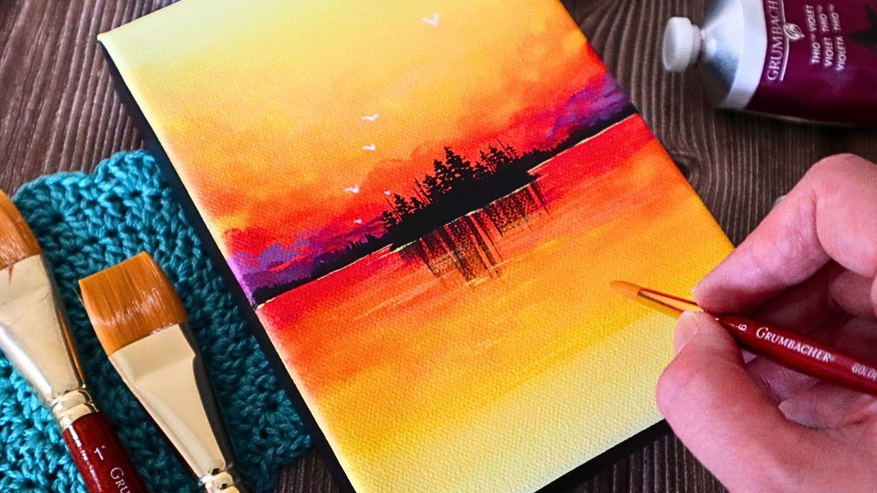 How to Paint a Sunset Lake / Acrylic Painting Tutorial for Beginners 🌄