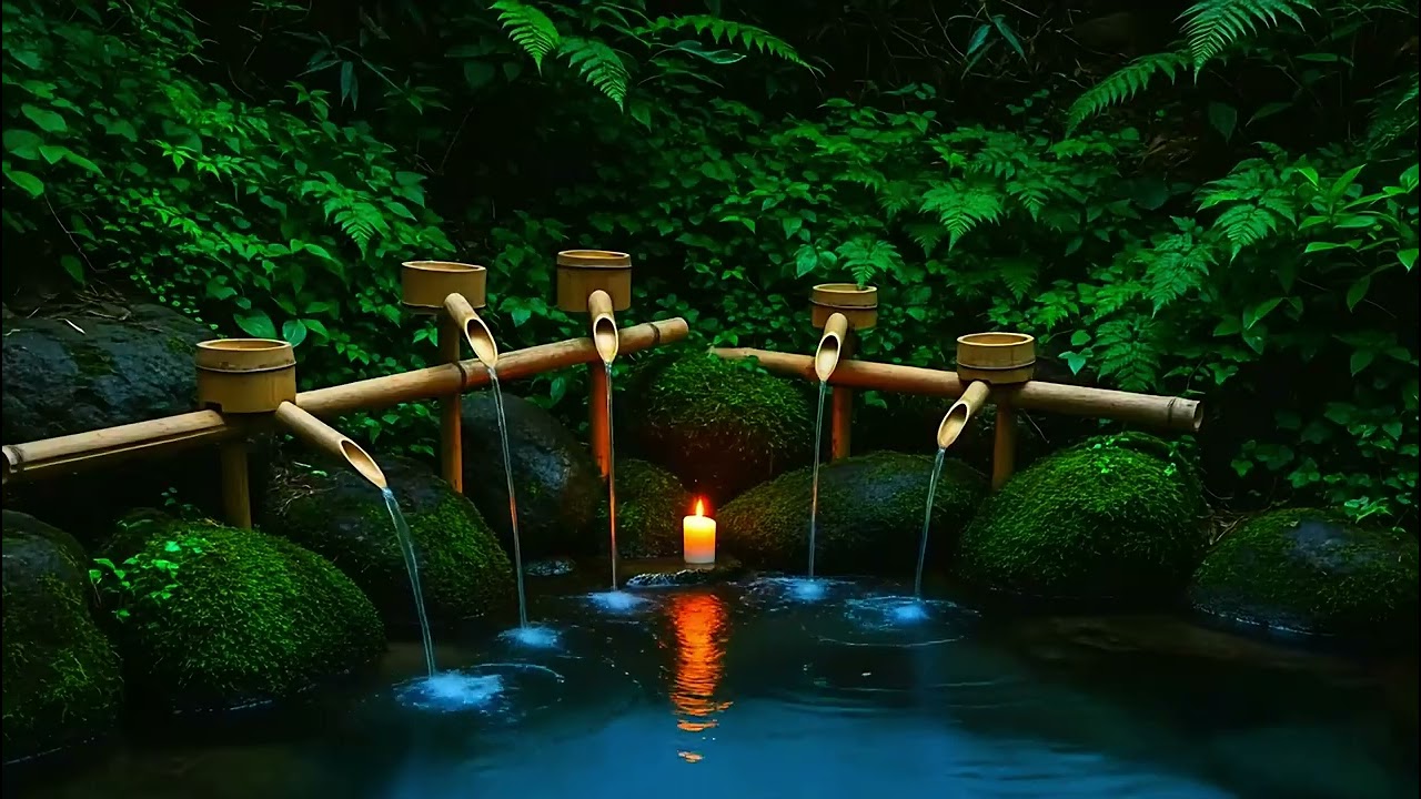 Soft Piano with Bamboo Water Fountain Sounds for Deep Sleep & Relaxation