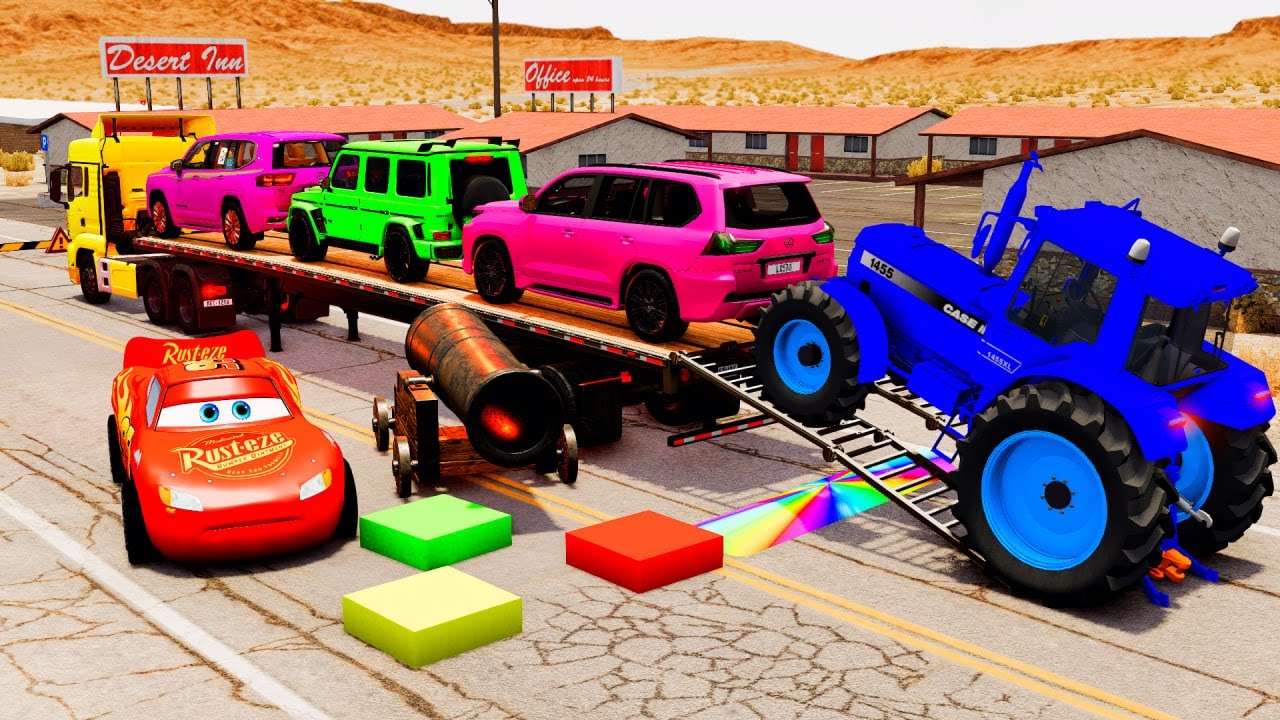 Flatbed Truck McQueen | Transportation with Truck - Pothole vs Car #60 | BeamNG.Drive Gameplay