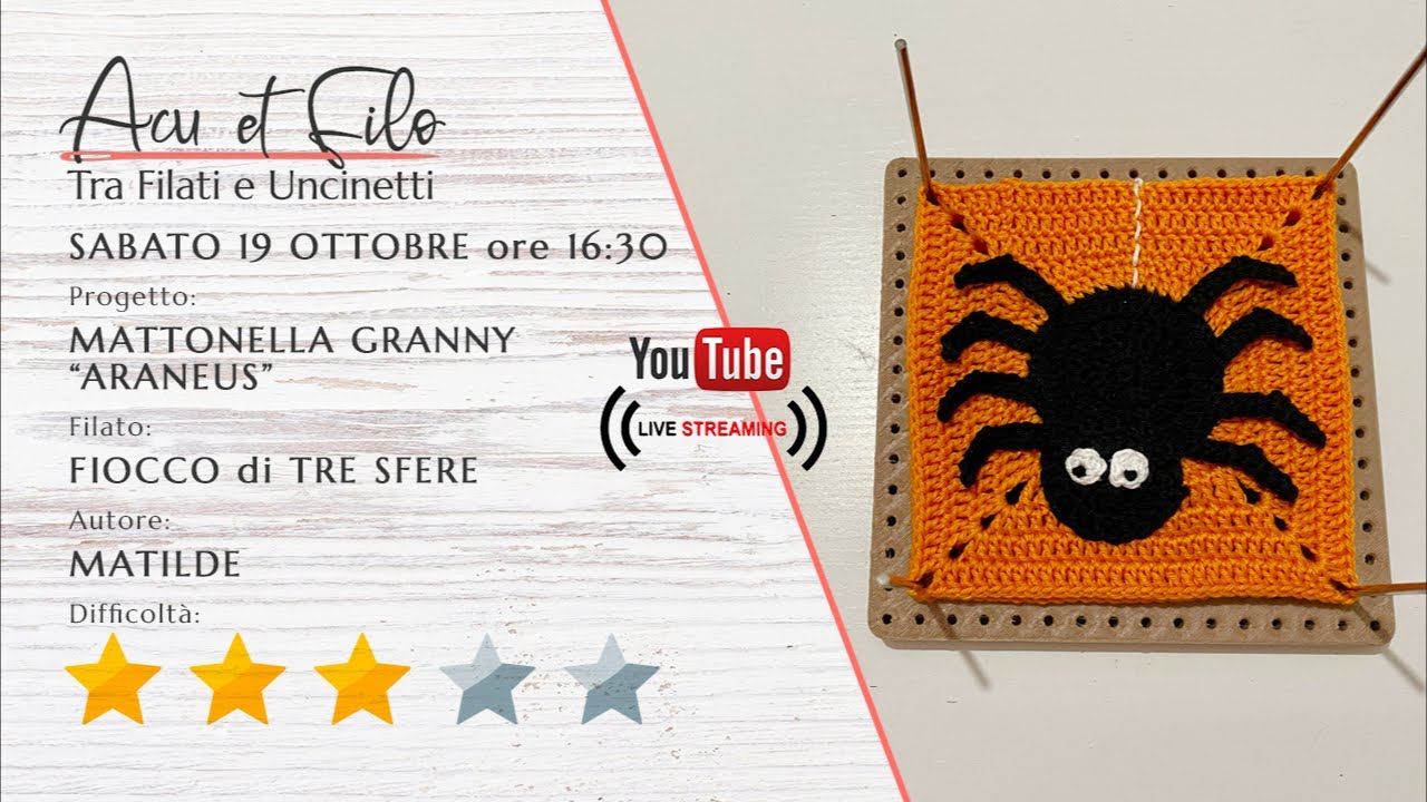Mattonella granny Halloween 🎃  ragno 🕷️  3D “Araneus” ad uncinetto 🪡 - Tutorial in diretta