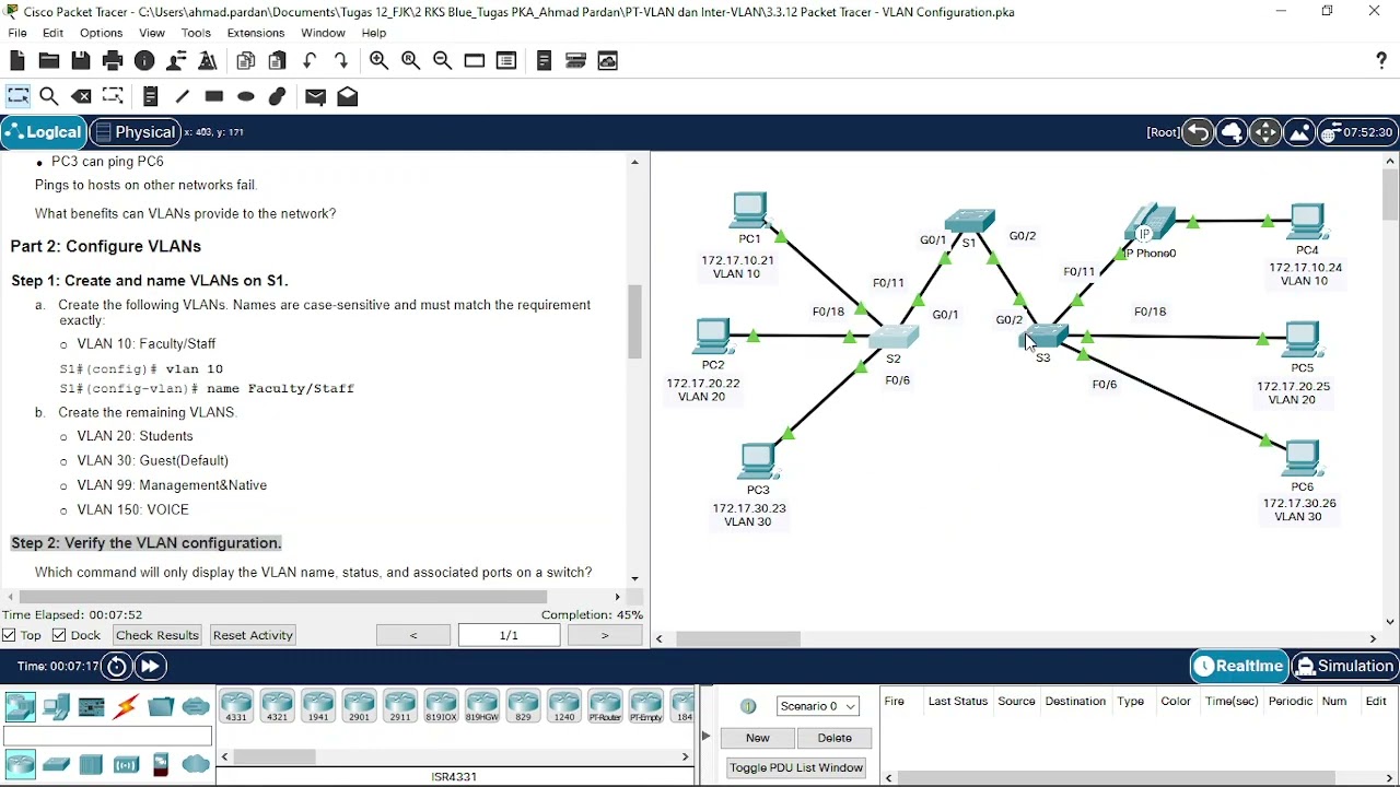 3.3.12 packet tracer - vlan configuration cisco