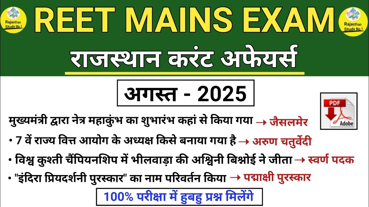 REET MAINS EXAM 2026 l August 2025 Rajasthan Current Affairs 2025 l Monthly Current Affairs, #reet