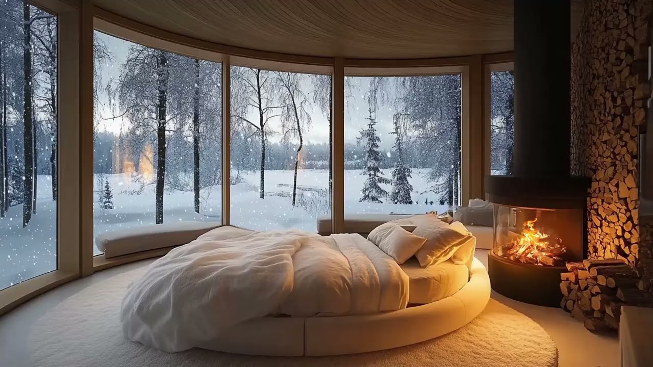 Peaceful Winter Cabin Night with Soft Piano Music and Fireplace Ambience for Deep Sleep