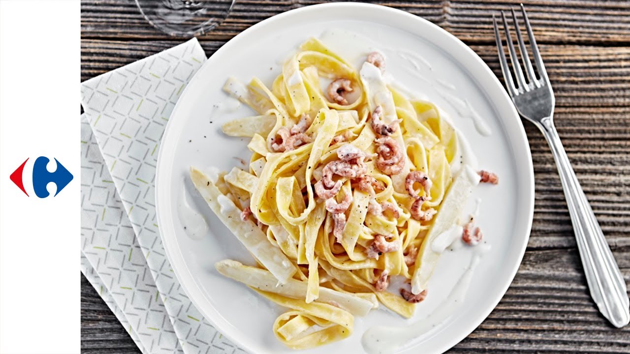 Tagliatelle met noordzeegarnalen en saus van witte asperges