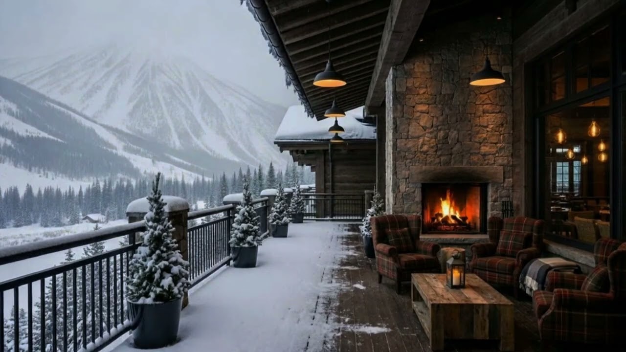 Peaceful Winter Porch Jazz | Cabin Fireplace & Mountain Snow