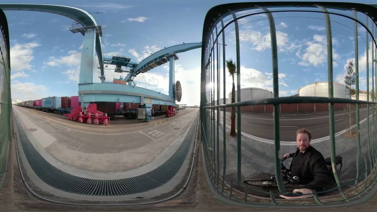 Large Industrial Cargo Cranes. Exploring Barcelona Shipping Port. 360 Travel video