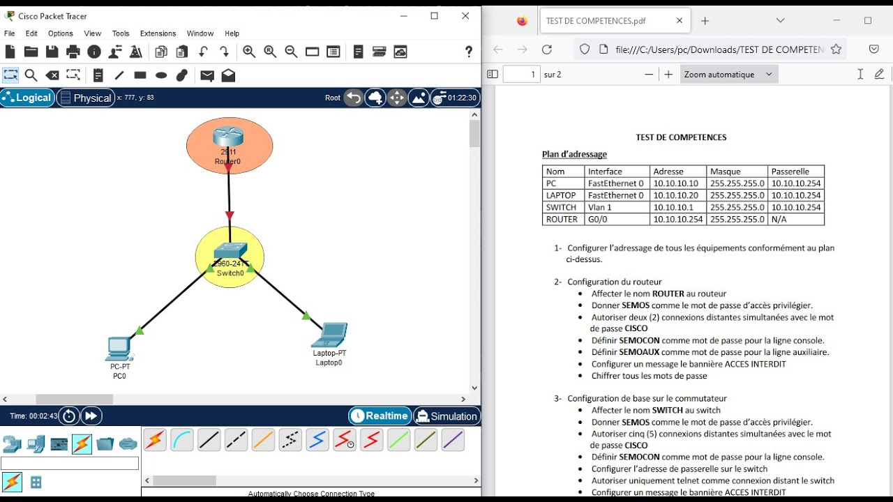 Configuration de base des équipements Cisco, Switch, Routeur, Pc  avec packet tracer