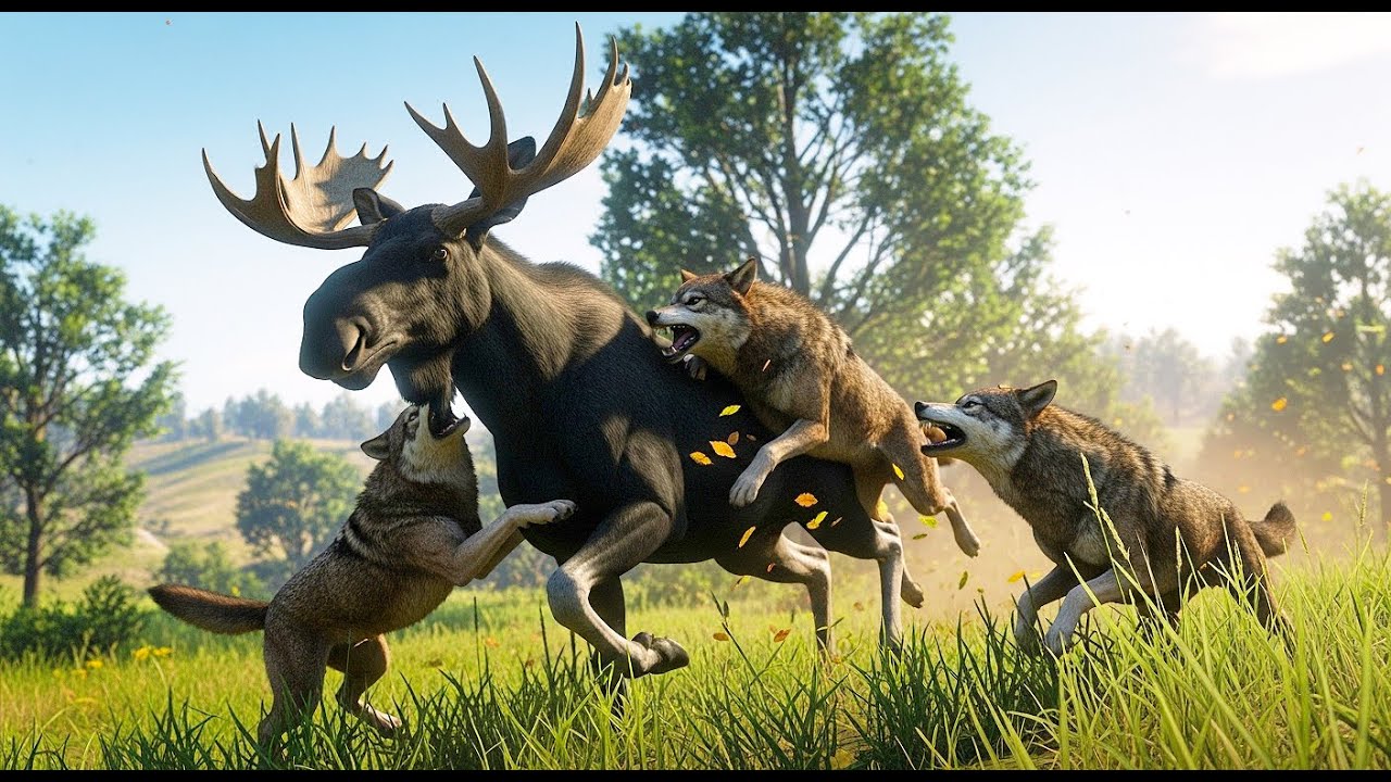 The Untamed Chase! Black Moose Hunted By Hungry Wolves in The Open Grasslands