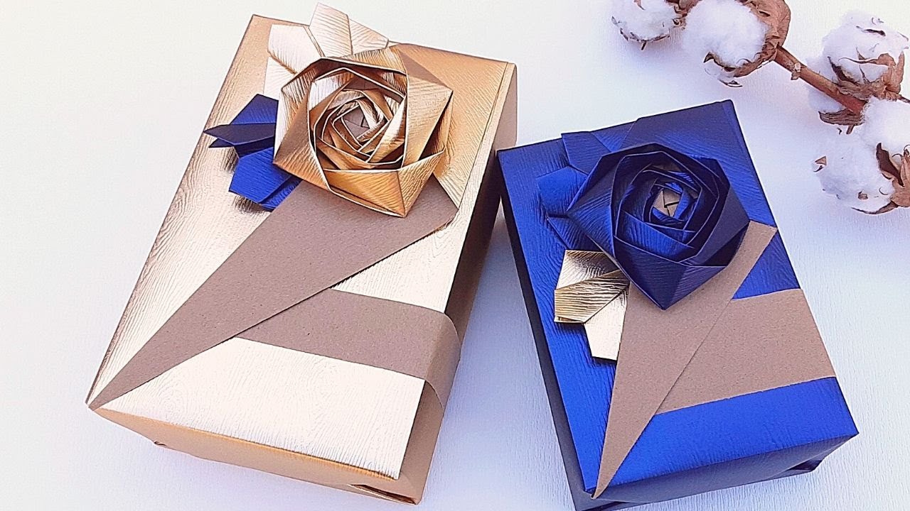 WRAPPING GIFT BOX IDEAS | GIFT WRAPPING with ORIGAMI ROSE & LEAF DECORATION | I.Sasaki Original