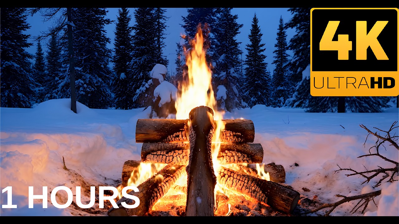 4K Snow Forest Campfire 🔥 | 1 Hour Relaxing Fire Sounds in Winter Nature ❄️ | Cozy Ambience