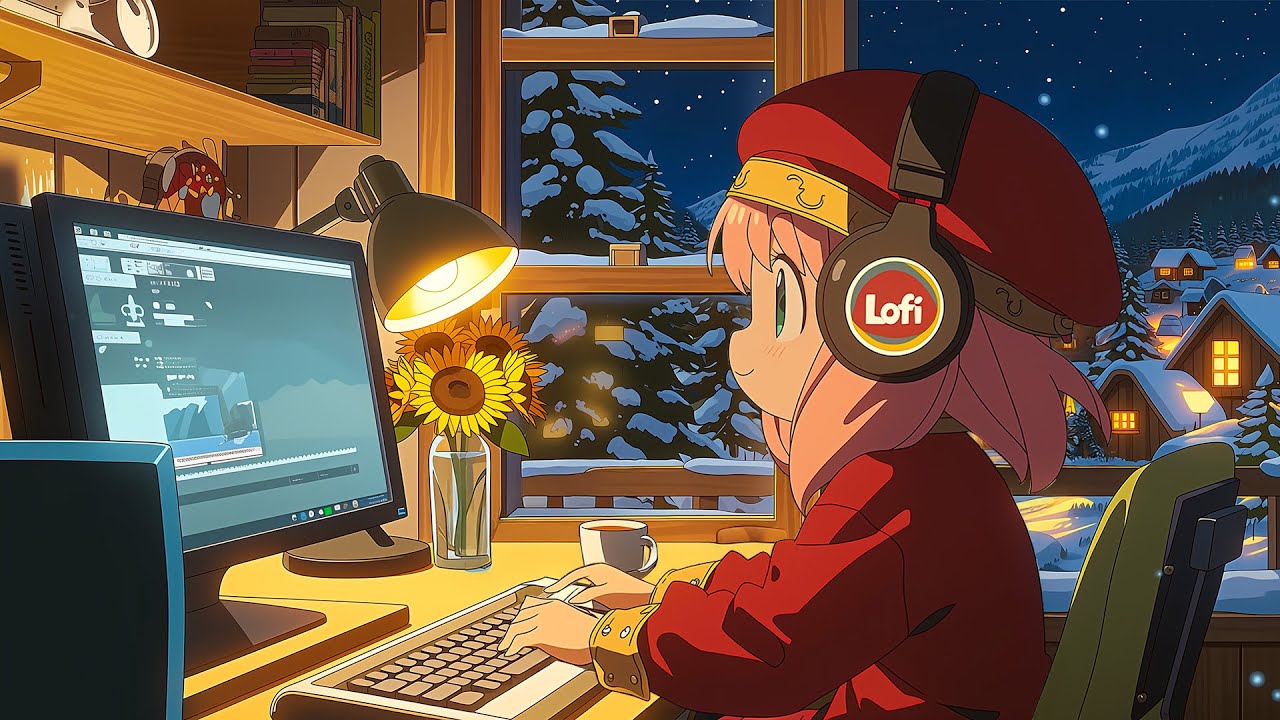 🌙 Snowy Night Focus 🎧 Anime Lofi | Warm Light, Cozy Desk & Quiet Study