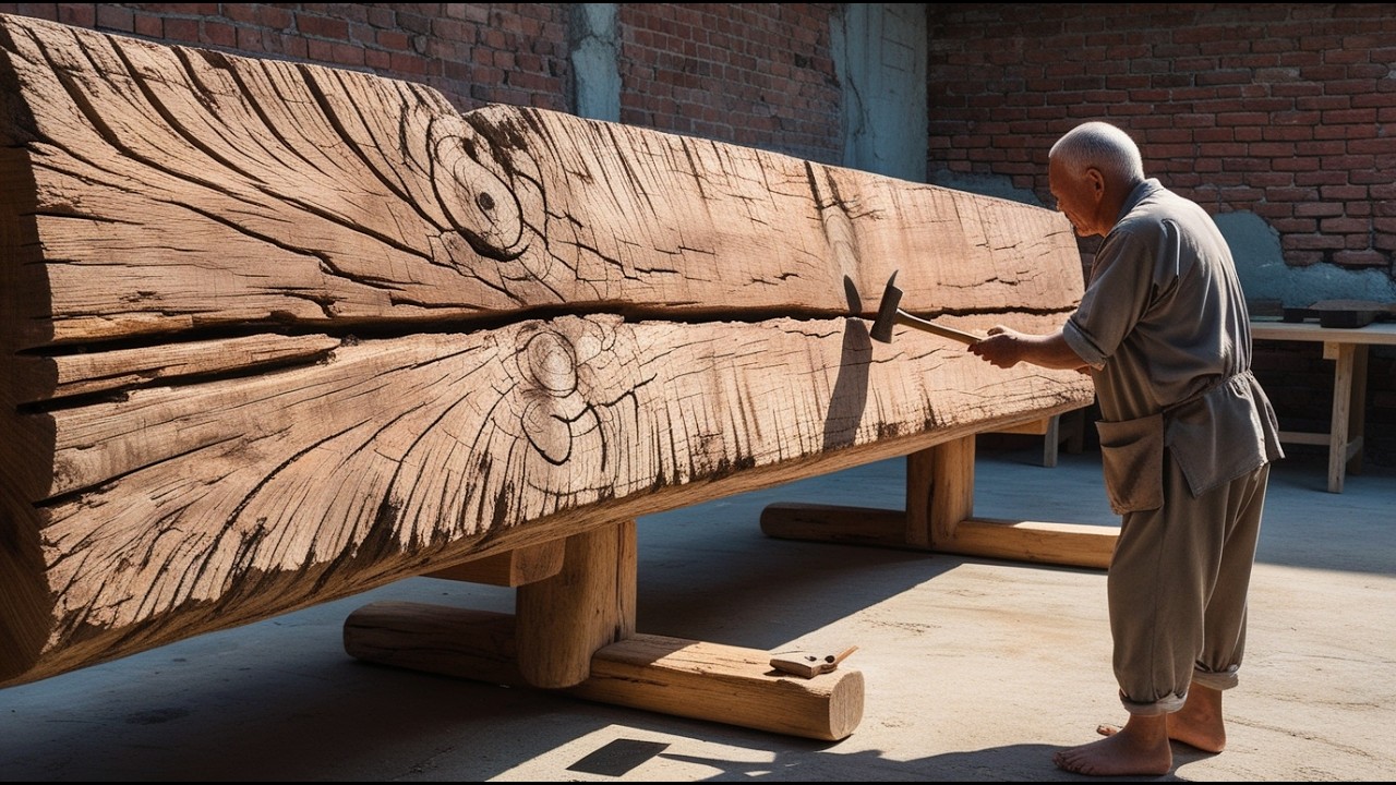 Old Craftsman Turns a Giant Solid Wood Beam Into a Stunning Handmade Tea Table
