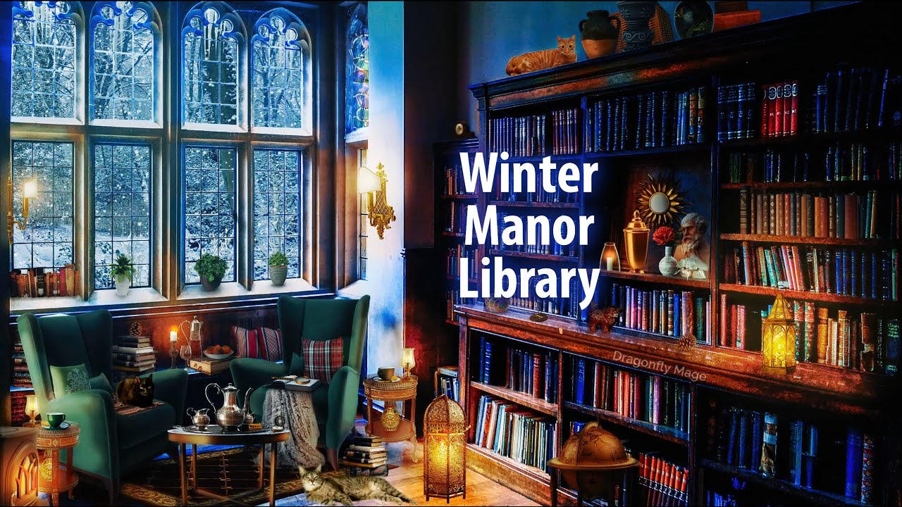 Winter Manor Library ❄️ ASMR Ambience (fire, wind, purring, lots of turning pages) 📚
