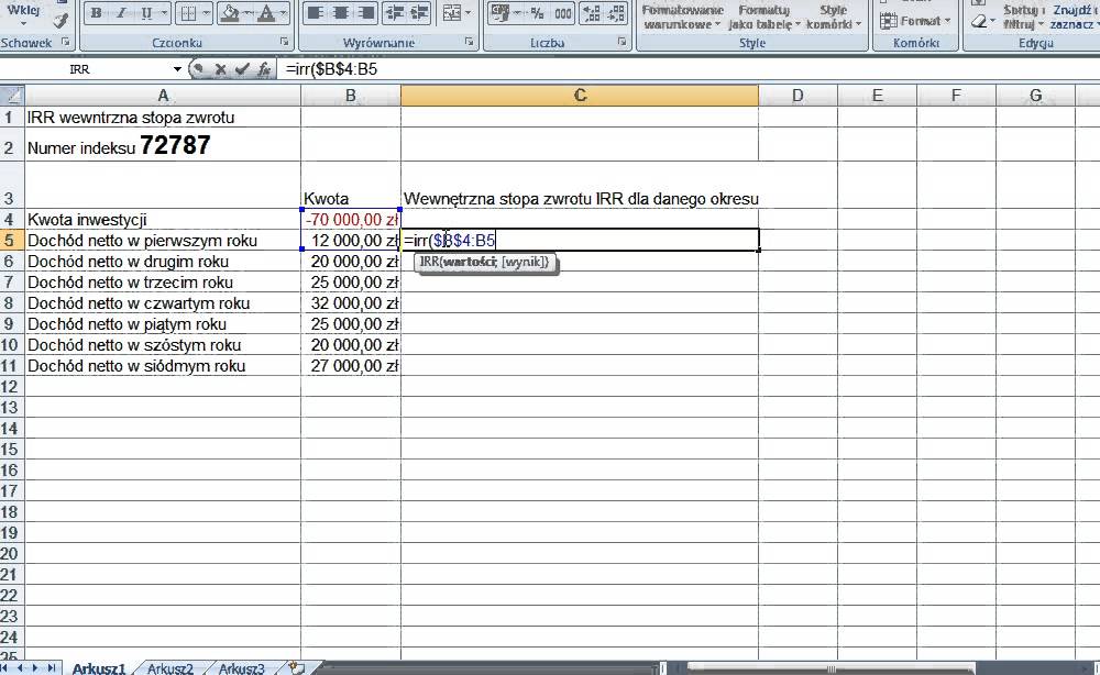 screencast Funkcja IRR