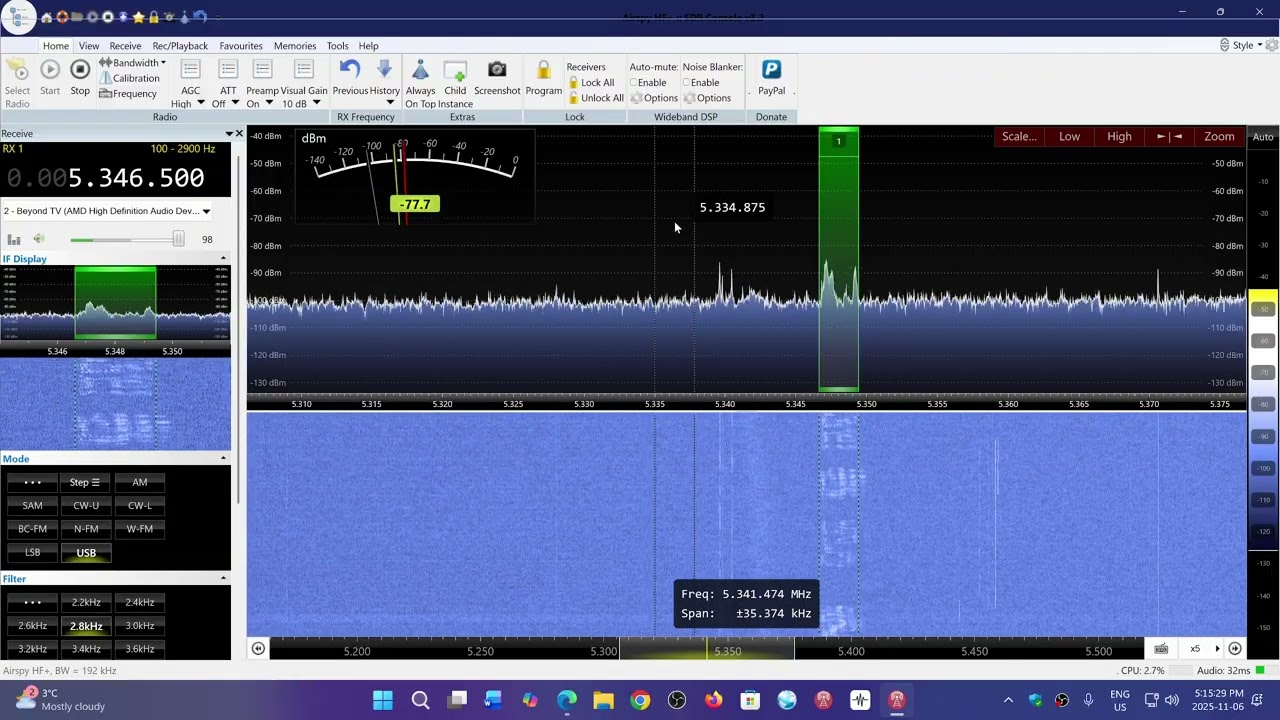 60 meters amateur radio SSB Voice received Airspy HF+ Discovery on GA 490 outdoor loop