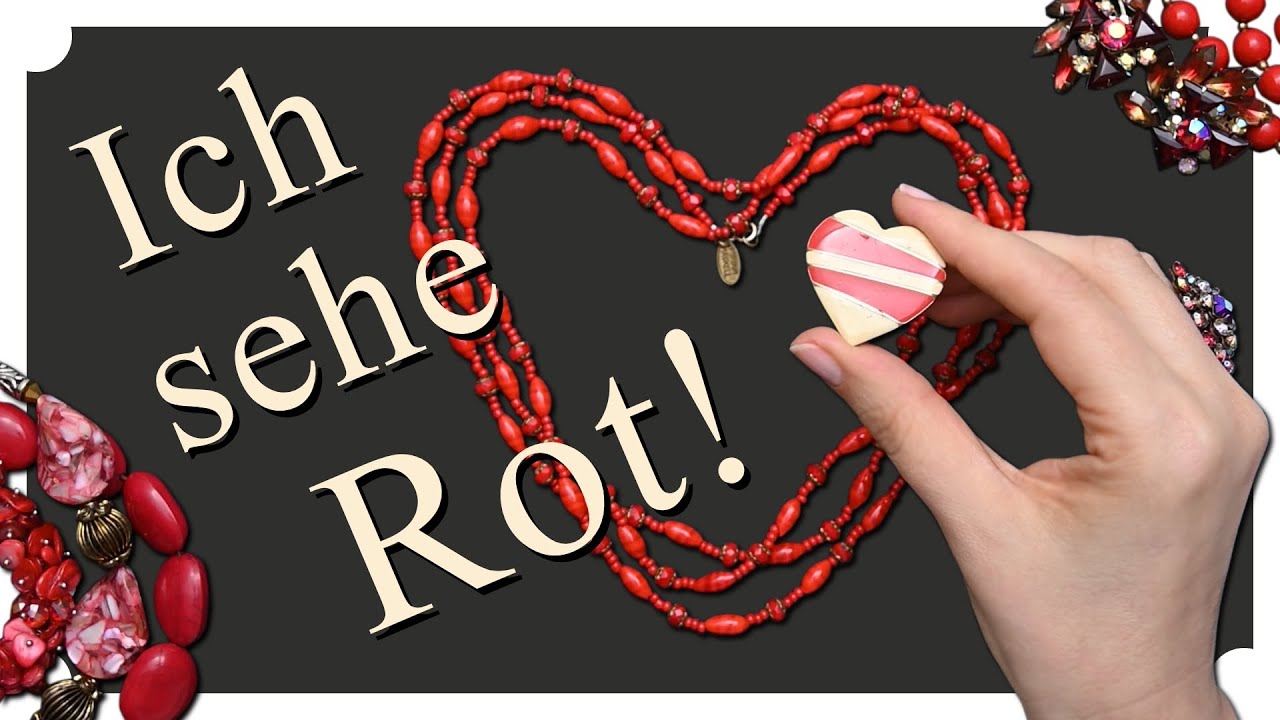 Roter Vintage Schmuck  Miriam Haskell Halskette, Goldette und Herz Ohringe aus den 80er 90er