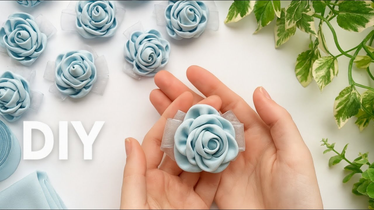🌸 DIY Blue Ribbon Fabric Rose Tutorial 💙 | Creative Handmade Table Decor Ideas ✂️✨