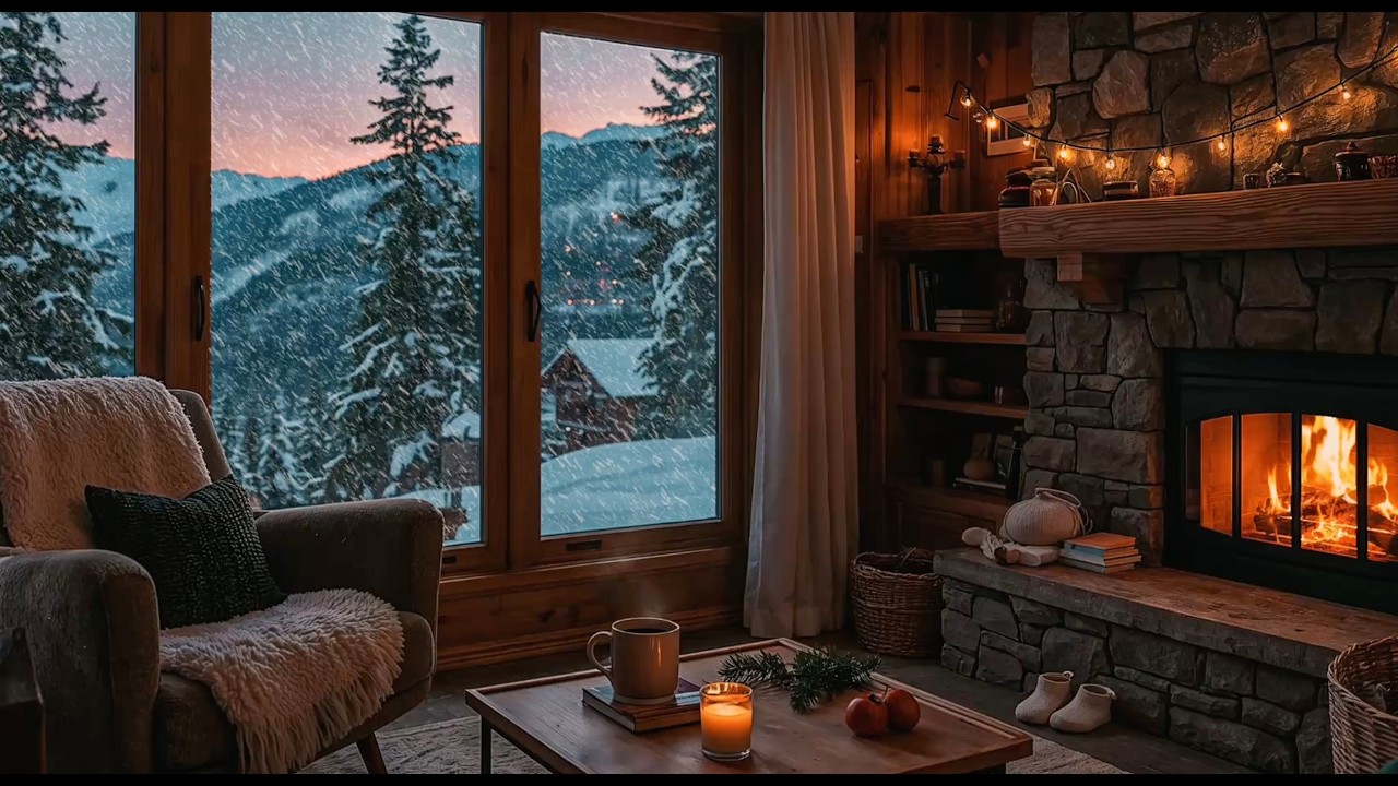Cozy Winter Cabin with Falling Snow and Smooth Jazz for Working, Studying and Relaxation