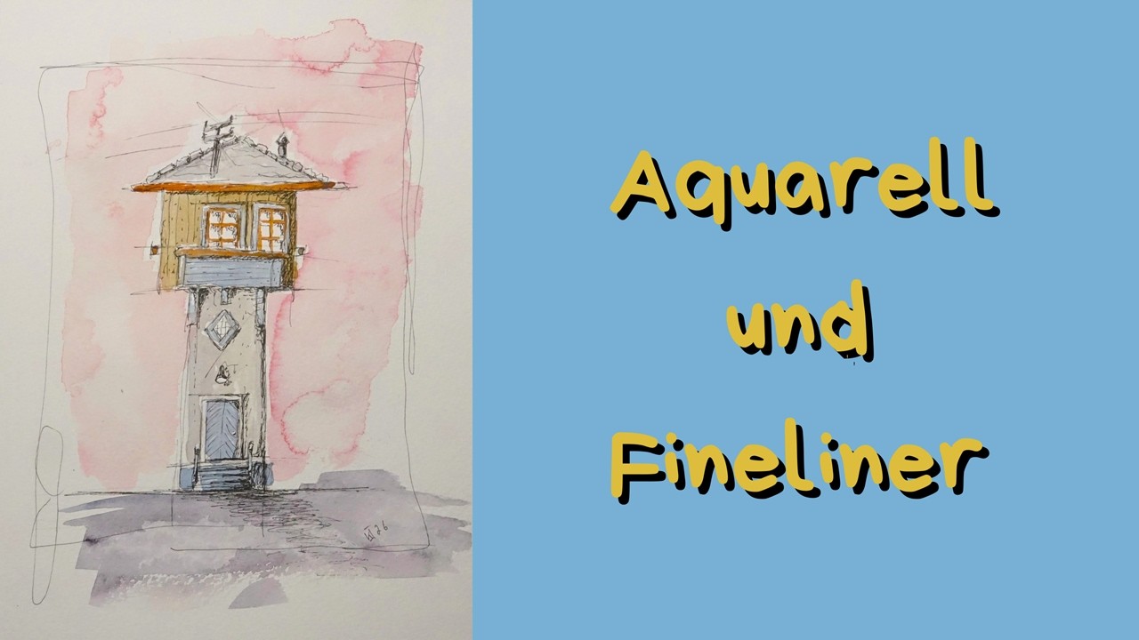 Aquarell und Fineliner, kleines Stellwerk, schnell gemalt