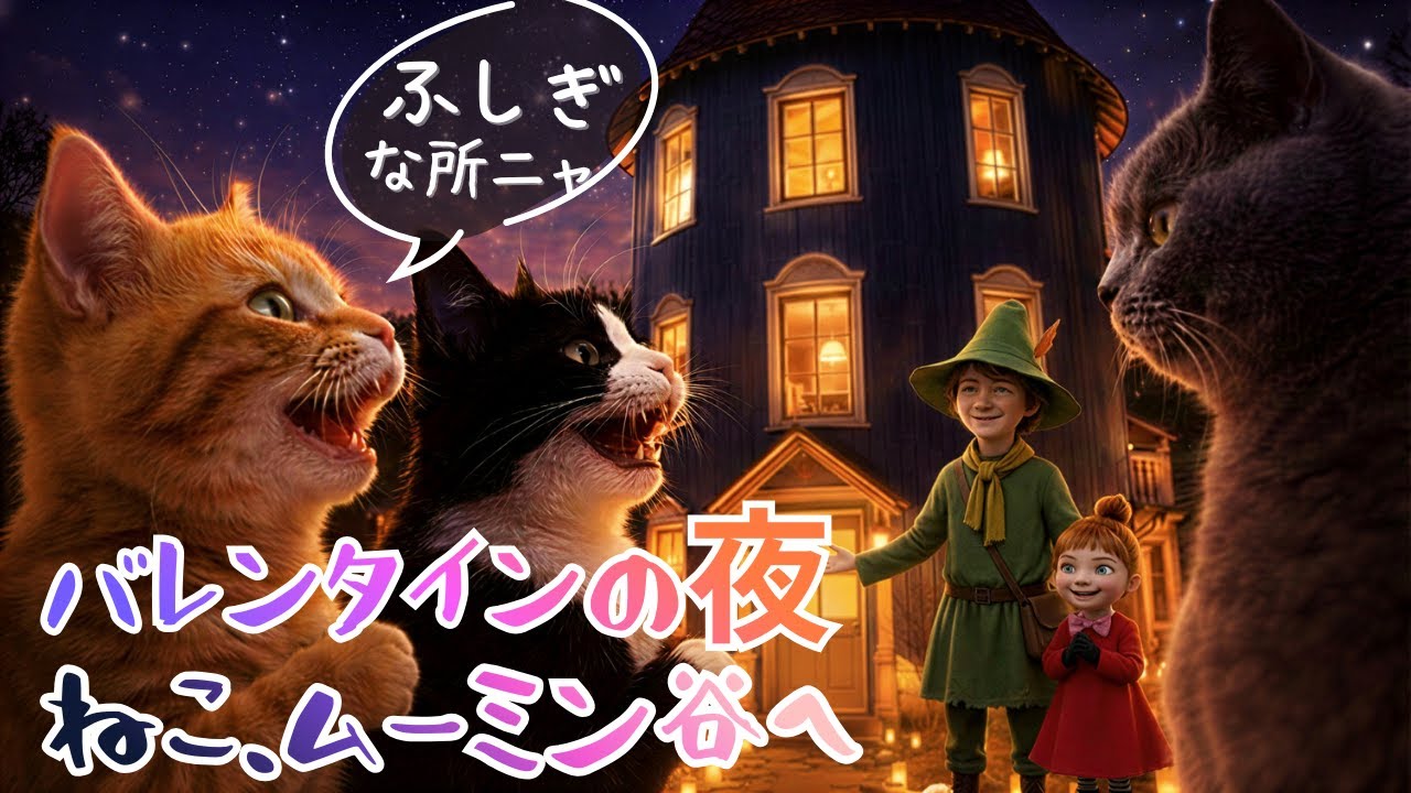 もふもふ猫日和「バレンタインの夜、ねこ、ムーミン谷へ」Cats, Cake, and a Meteor Shower in Moomin Valley　#猫#ムーミン谷#ムーミンハウス#バレンタイン