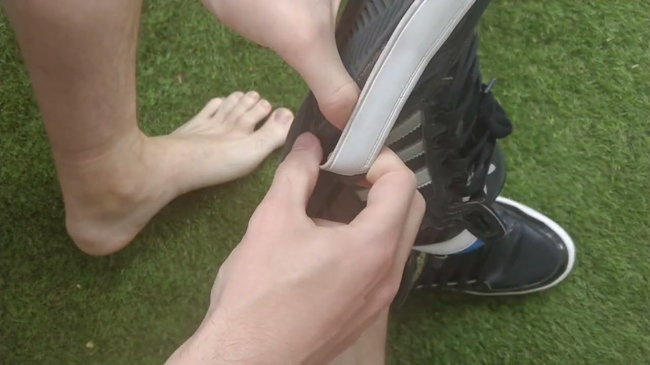 Adidas high hard court 44 on feet trashed sockless
