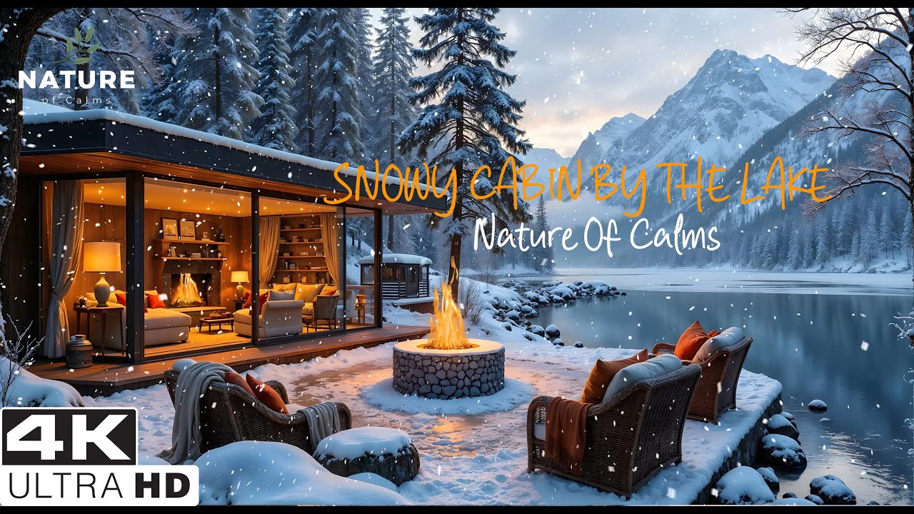 Relaxing Winter Cabin Ambience | Snowfall, Lake, Fireplace & Mountain Scenery