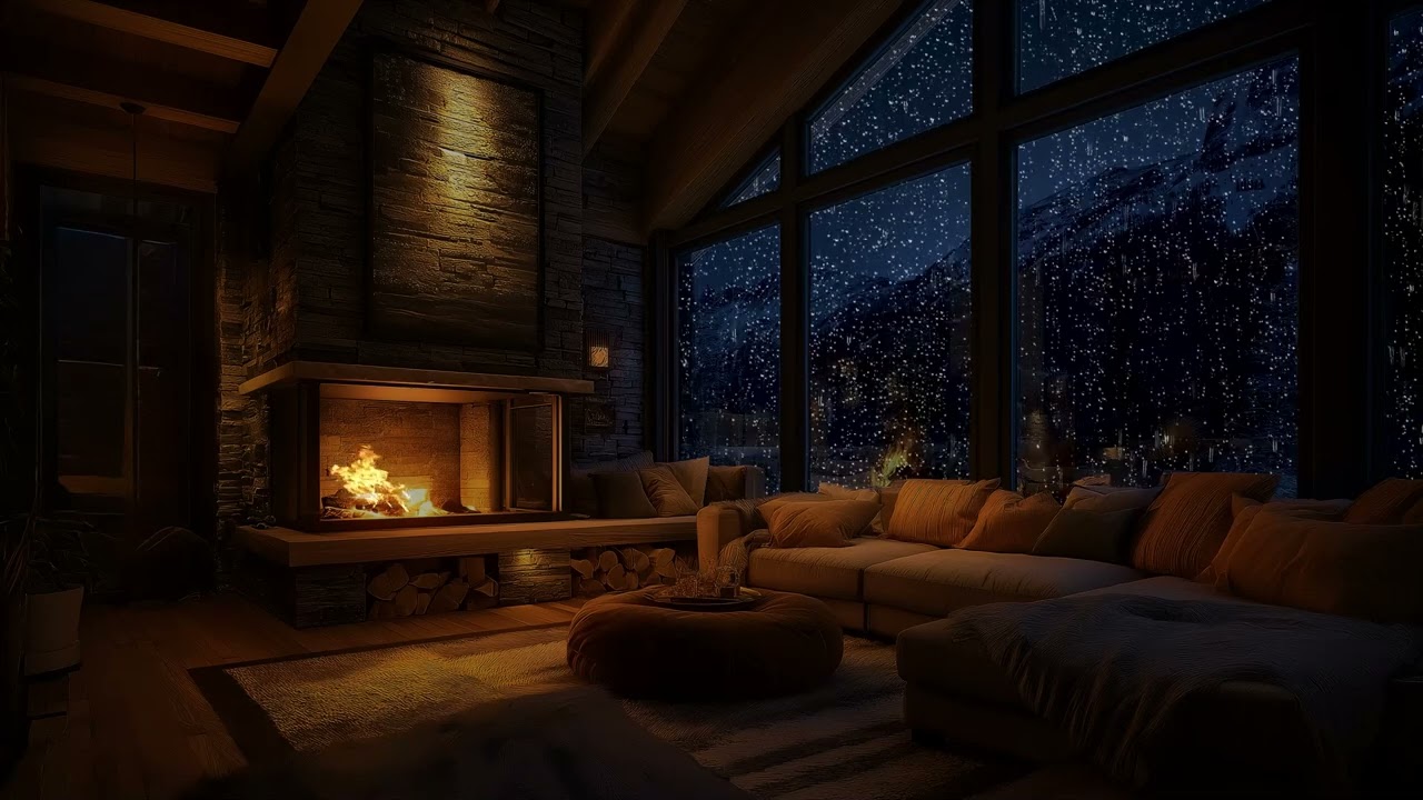 Thunderstorm Over a Cozy Cabin at Night 🌩️ | Enjoy the Fireplace & the Sound of Rain on Windows 🌧️