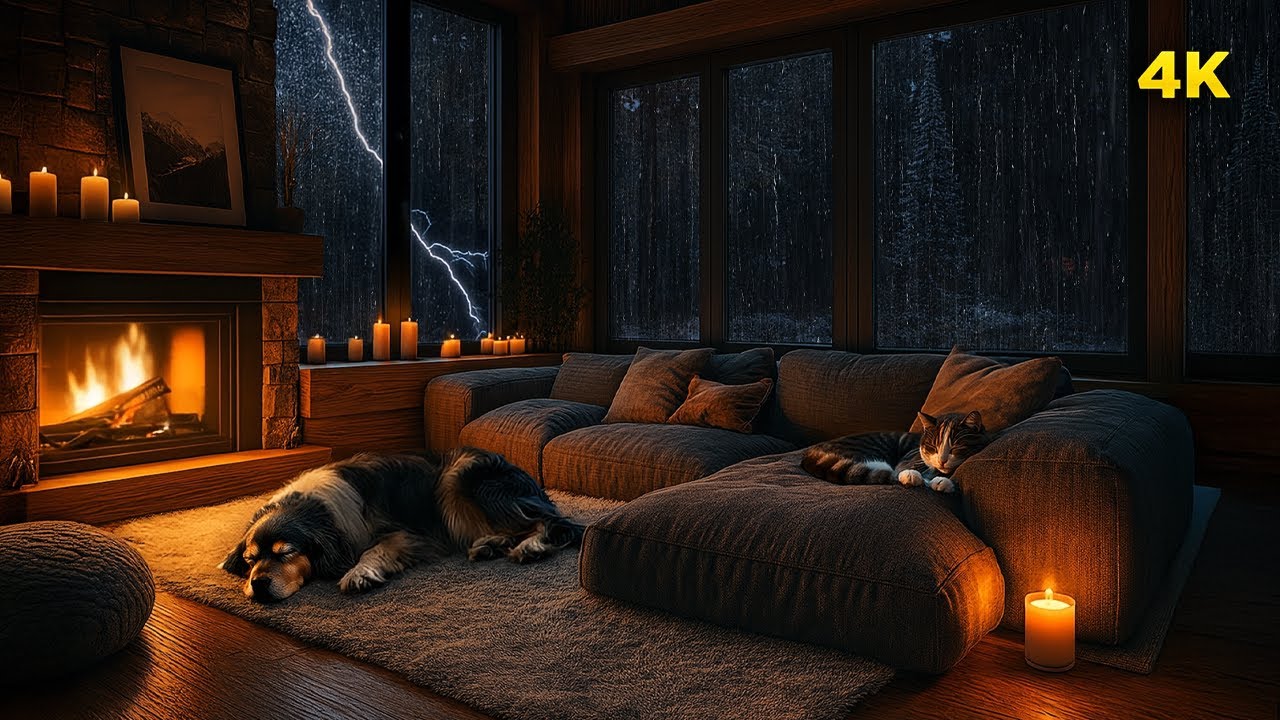 Дождливая ночь у камина 🌧️ Уютная гостиная со спящими домашними животными