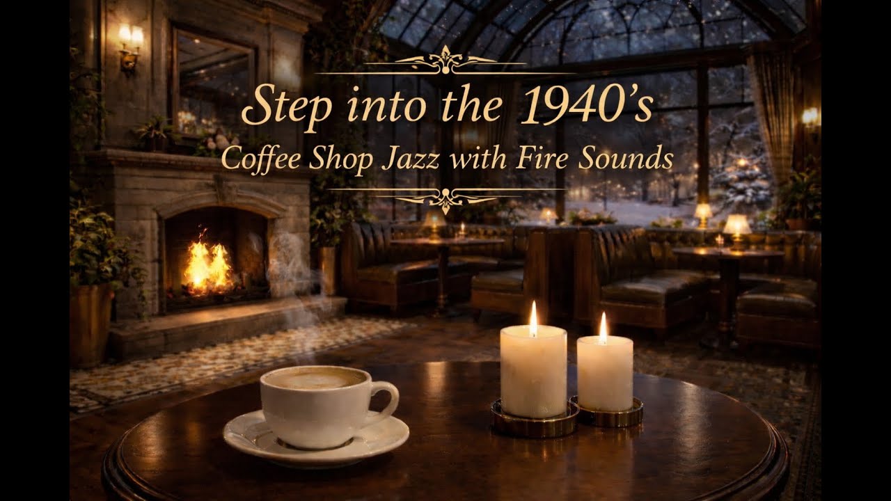 Step Into the 1940’s ☕ Cozy Coffee Shop Jazz with Fireplace Sounds & Greenery
