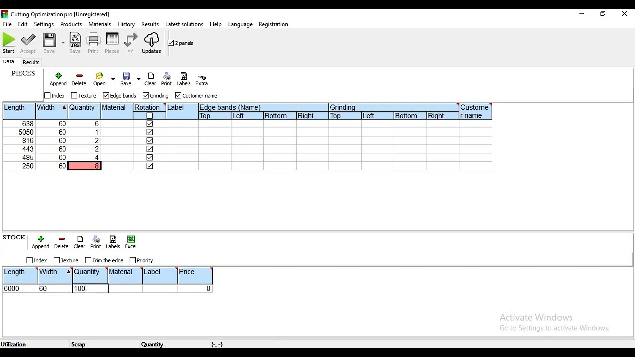 Tubes nesting using cut optimization software