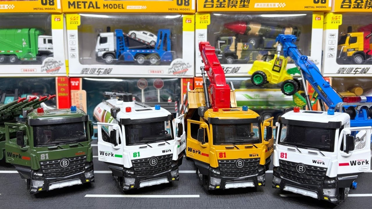 Collection Of Diecast Truck : Tank Transporter Truck, Sprinkler Tank Truck, Logging Truck, Tow Truck